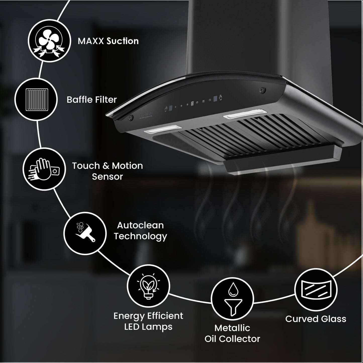 Beyond Appliances ELARA 60CM SMART SLANT CHIMNEY 1500 CMH 60 cm Filterless | Smart AI Dashboard, Motion Sensor & Speakers | Touch Control | Radio | Whistle Counter | Black Auto Clean Chimney (Wall Mounted, Black)