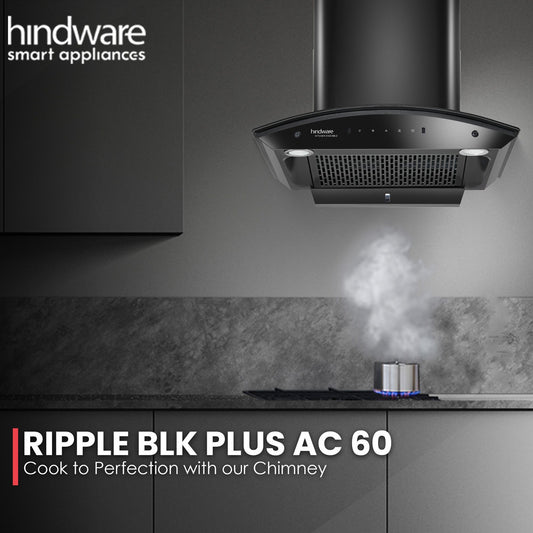 Hindware Smart Appliances Ripple Blk Plus Autoclean 60 IN 1500 CMH 60 cm | Curved Glass | Filterless | Touch Control | Motion Sensor | 10 Years Motor Warranty | Energy Efficient LED Light | Powerful Suction | Auto Clean Chimney (Wall Mounted, Black)
