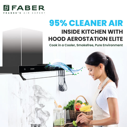 Faber 4in1 1325 m³/hr Filterless Autoclean 90cm Chimney|Air Purifier+Fan|Touch & Gesture Control|T-Shape|12Yr on Motor, 5Yr Comprehensive Warranty by Faber|HOOD AEROSTATION ELITE FL HC TC BK 90,Black