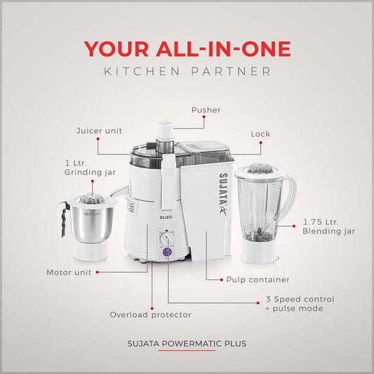 Sujata Powermatic Plus Juicer Mixer Grinder|900 Watts Double Ball Bearing Motor|22000 RPM|Non-Stop 90 Mins Running|2 Jars including 1750ml Blender, 1000ml Grinder Jar| (White)
