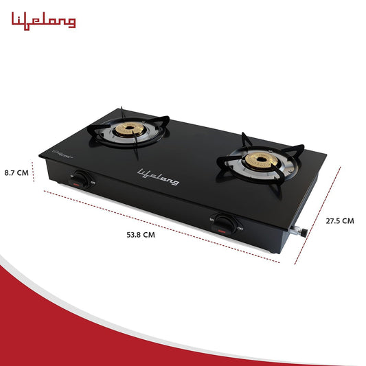 Lifelong 2 Burner Gas Stove Top for Kitchen - Manual Ignition Cooktop Modern Glass Stove for Modular Kitchen, ISI Certified & Compatible with LPG - 1 Year Manufacturer's (Black, LLGS10)