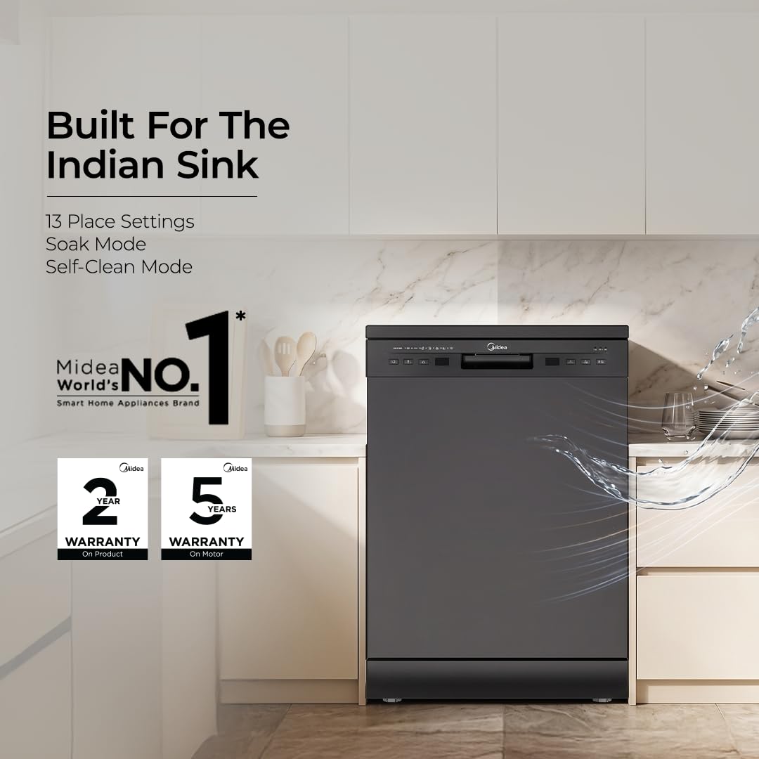 Midea 13 Place Setting Freestanding Dishwasher, 7 Wash Programs, Intensive 70°C, Glass Care Mode (MDWPF1301F(B) IN, ECO & Rapid Wash, Fully Automatic, Suitable for Indian Kitchen)
