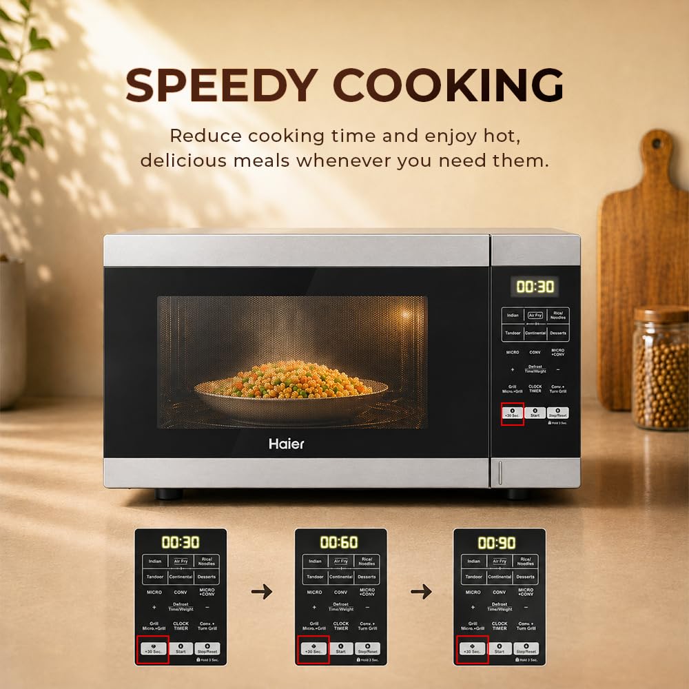 Haier 30L Convection Microwave Oven (HIL3001ARSB, Black) with In-Built Air Fryer | Motorized Rotisserie | Stainless-steel Cavity | 5 In 1 Microwave oven Visit the Haier Store