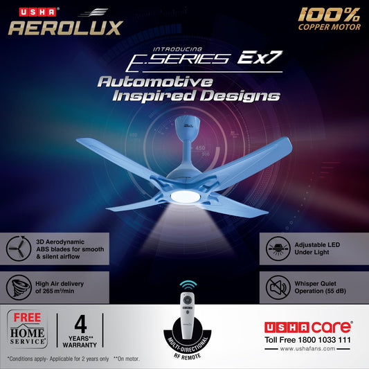 USHA Aerolux EX7 1320 mm Premium Design, Silent Ceiling Fan with Remote Control & LED Under Light (Biscay Blue)
