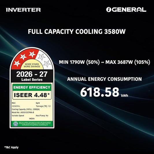 O General 1 Ton 3 Star Inverter Split AC, ASGG12CPWA-B