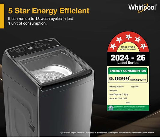 Whirlpool 7.5 Kg 5 Star StainWash Magic Clean PRO Fully Automatic Top Load Washing Machine (MAGIC CLEAN PRO SW 7.5 (H) GREY 10YMW with In-Built Heater)