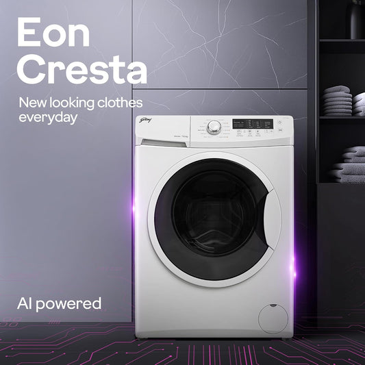 Godrej 8 Kg 5 Star, AI Powered, Inbuilt Heater, Fabrisafe Drum, Eco Wash, Unbalanced Load Sensor, Stain wash, Fully Automatic Front Load Washing Machine (WFEON CRS 8012 5.0 FKEDM GLWH, Glacial White)