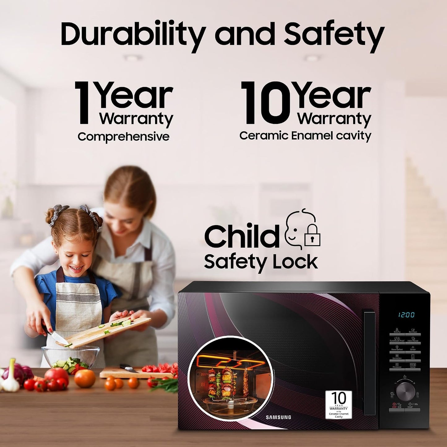 Samsung 28 L Slim Fry, Sensor Cook and Multi Spit Convection Microwave Oven (MC28A5145VR/TL, Black and Pattern, Ceramic Enamel Cavity with 10 Year Warranty