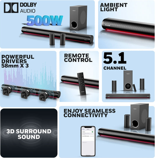 Honeywell Trueno U7000 Dolby Audio 500 W Bluetooth Soundbar (Black, 5.1 Channel)