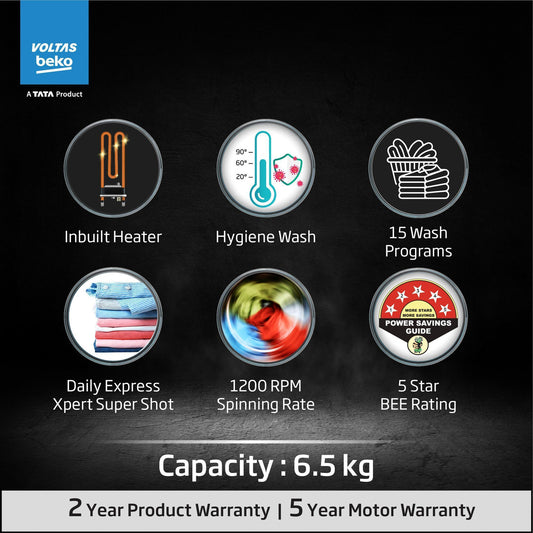 Voltas Beko 6.5 kg 5 Star Fully Automatic Front Load with In-built Heater White (WFL6512B7COUBAA/WWV)