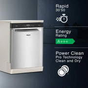 Whirlpool WFO 3O33 PL N X IN Free Standing 14 Place Settings PowerClean Pro Technology, Inox, 30% extra space, 11 wash Programs, Clean and Dry Dishwasher