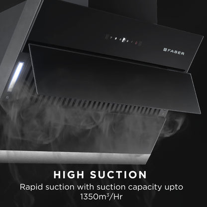 Faber HOOD BLISS FL SC AC BK 90 1350 CMH 90 cm Slant Glass 90 cm| Touch & Gesture Control| Autoclean| Filterless|Powerful Suction|Low Noise Auto Clean Chimney (Wall Mounted, Black)