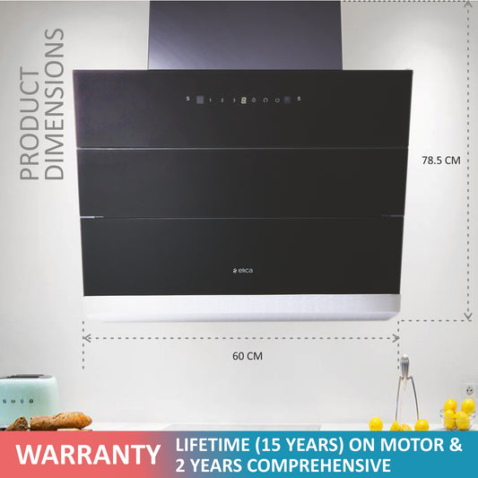 Elica 60 cm 1350 m3/hr Filterless Autoclean Angular Kitchen Chimney with 15 Years Motor & 5 Years Comprehensive Warranty (EFL-S6012 HAC LTW VMS, Touch + Motion Sensor Control, Black)