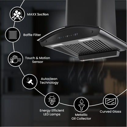 Beyond Appliances ELARA 60CM SMART SLANT CHIMNEY 1500 CMH 60 cm Filterless | Smart AI Dashboard, Motion Sensor & Speakers | Touch Control | Radio | Whistle Counter | Black Auto Clean Chimney (Wall Mounted, Black)