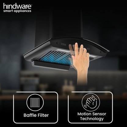 Beyond Appliances ELARA 60CM SMART SLANT CHIMNEY 1500 CMH 60 cm Filterless | Smart AI Dashboard, Motion Sensor & Speakers | Touch Control | Radio | Whistle Counter | Black Auto Clean Chimney (Wall Mounted, Black)