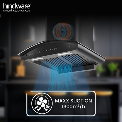 Beyond Appliances ELARA 60CM SMART SLANT CHIMNEY 1500 CMH 60 cm Filterless | Smart AI Dashboard, Motion Sensor & Speakers | Touch Control | Radio | Whistle Counter | Black Auto Clean Chimney (Wall Mounted, Black)