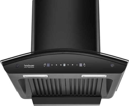 Beyond Appliances ELARA 60CM SMART SLANT CHIMNEY 1500 CMH 60 cm Filterless | Smart AI Dashboard, Motion Sensor & Speakers | Touch Control | Radio | Whistle Counter | Black Auto Clean Chimney (Wall Mounted, Black)
