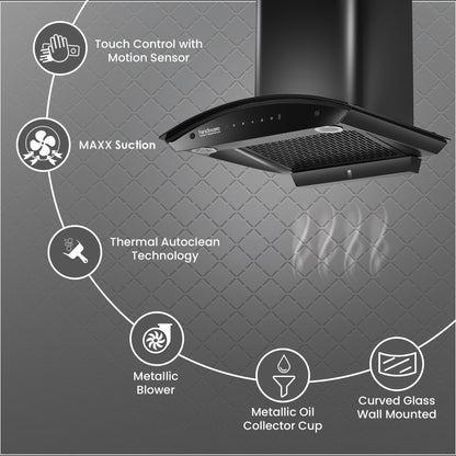 Hindware Smart Appliances Ripple Blk Plus Autoclean 60 IN 1500 CMH 60 cm | Curved Glass | Filterless | Touch Control | Motion Sensor | 10 Years Motor Warranty | Energy Efficient LED Light | Powerful Suction | Auto Clean Chimney (Wall Mounted, Black)
