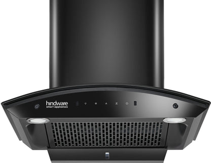 Hindware Smart Appliances Ripple Blk Plus Autoclean 60 IN 1500 CMH 60 cm | Curved Glass | Filterless | Touch Control | Motion Sensor | 10 Years Motor Warranty | Energy Efficient LED Light | Powerful Suction | Auto Clean Chimney (Wall Mounted, Black)