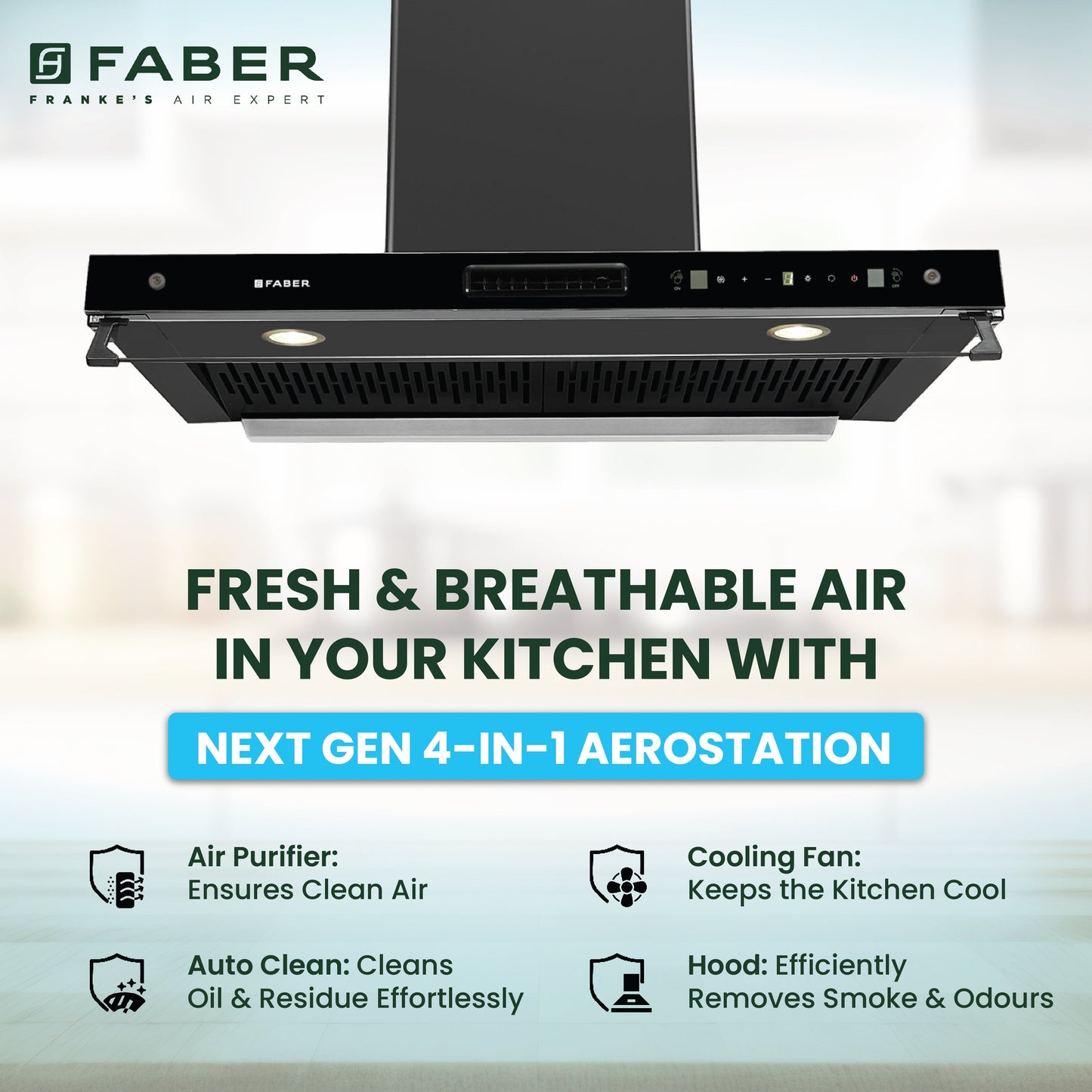Faber 4in1 1325 m³/hr Filterless Autoclean 90cm Chimney|Air Purifier+Fan|Touch & Gesture Control|T-Shape|12Yr on Motor, 5Yr Comprehensive Warranty by Faber|HOOD AEROSTATION ELITE FL HC TC BK 90,Black