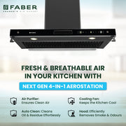 Faber 4in1 1325 m³/hr Filterless Autoclean 90cm Chimney|Air Purifier+Fan|Touch & Gesture Control|T-Shape|12Yr on Motor, 5Yr Comprehensive Warranty by Faber|HOOD AEROSTATION ELITE FL HC TC BK 90,Black