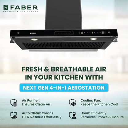 Faber 4in1 1325 m³/hr Filterless Autoclean 90cm Chimney|Air Purifier+Fan|Touch & Gesture Control|T-Shape|12Yr on Motor, 5Yr Comprehensive Warranty by Faber|HOOD AEROSTATION ELITE FL HC TC BK 90,Black