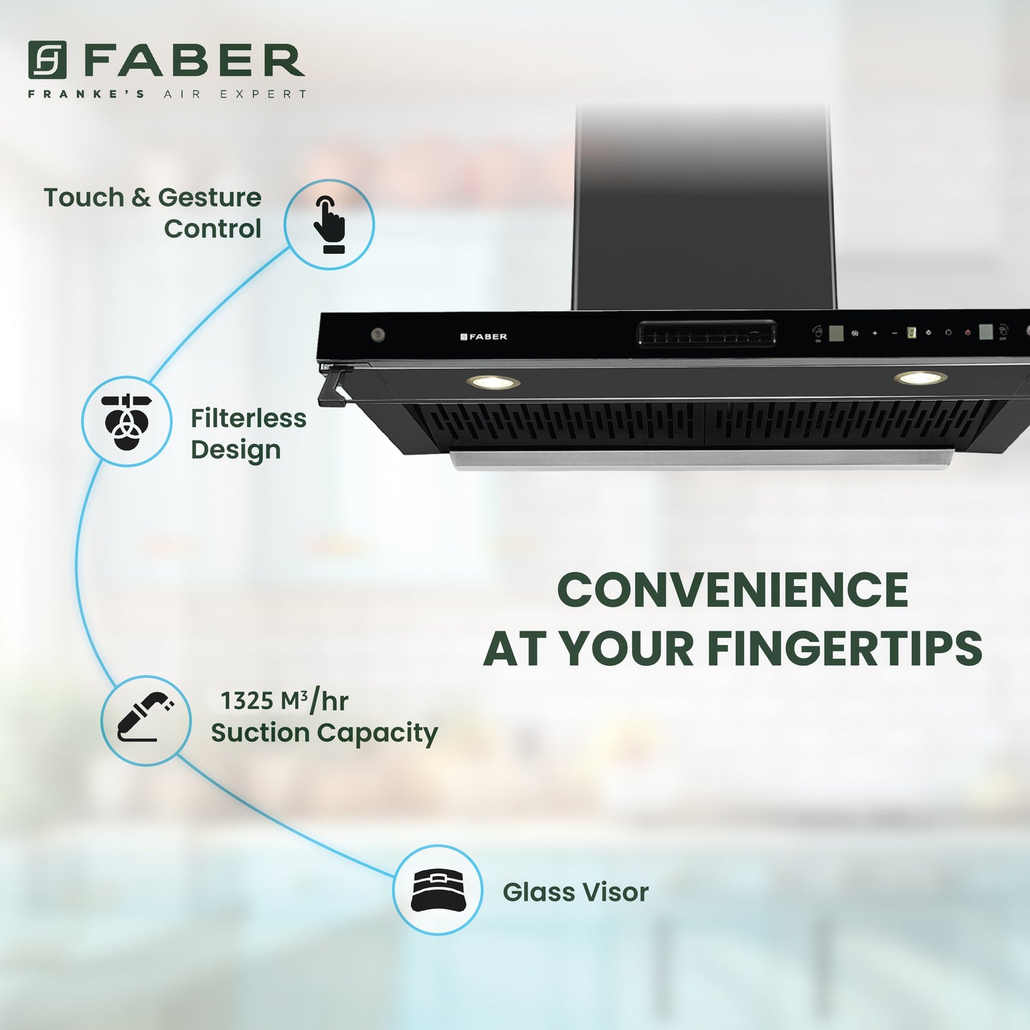 Faber 4in1 1325 m³/hr Filterless Autoclean 90cm Chimney|Air Purifier+Fan|Touch & Gesture Control|T-Shape|12Yr on Motor, 5Yr Comprehensive Warranty by Faber|HOOD AEROSTATION ELITE FL HC TC BK 90,Black