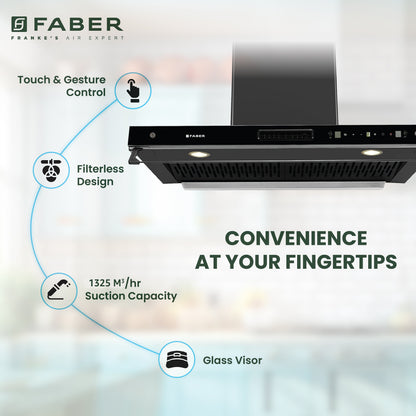 Faber 4in1 1325 m³/hr Filterless Autoclean 90cm Chimney|Air Purifier+Fan|Touch & Gesture Control|T-Shape|12Yr on Motor, 5Yr Comprehensive Warranty by Faber|HOOD AEROSTATION ELITE FL HC TC BK 90,Black