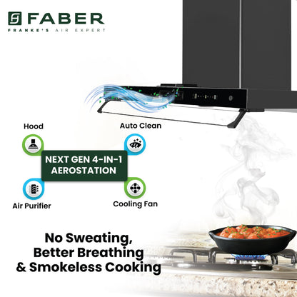 Faber 4in1 1325 m³/hr Filterless Autoclean 90cm Chimney|Air Purifier+Fan|Touch & Gesture Control|T-Shape|12Yr on Motor, 5Yr Comprehensive Warranty by Faber|HOOD AEROSTATION ELITE FL HC TC BK 90,Black