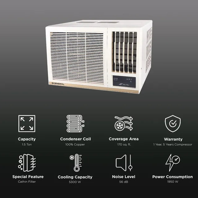 O General BBA Series Window 1.5 Ton 2 Star Fixed Speed AC | Super Wave Technology | Power Saver Compressor | 3 Speed Cooling | White (AXGB18BBAA-B)