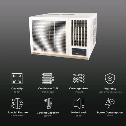O General BBA Series Window 1.5 Ton 2 Star Fixed Speed AC | Super Wave Technology | Power Saver Compressor | 3 Speed Cooling | White (AXGB18BBAA-B)