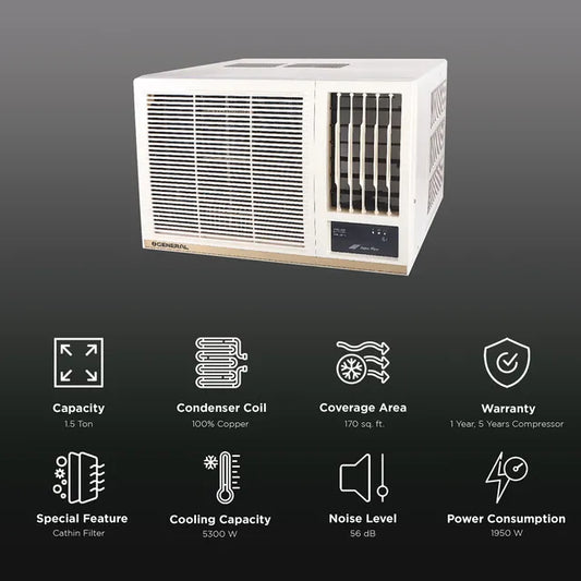 O General BBA Series Window 1.5 Ton 2 Star Fixed Speed AC | Super Wave Technology | Power Saver Compressor | 3 Speed Cooling | White (AXGB18BBAA-B)