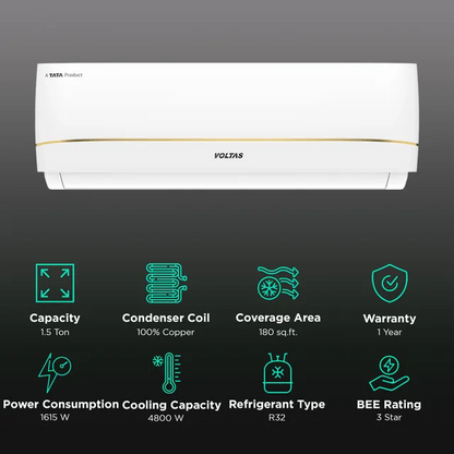 VOLTAS 183V Vectra Zenith Gold 1.5 Ton 3 Star Inverter Split AC with 4-Step Adjustable Mode (Copper Condenser, Anti Dust Filter, 4503765)