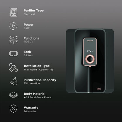 HAVELLS Mirak 6L RO + UV + Alkaline Water Purifier with Smart Alerts (Black)