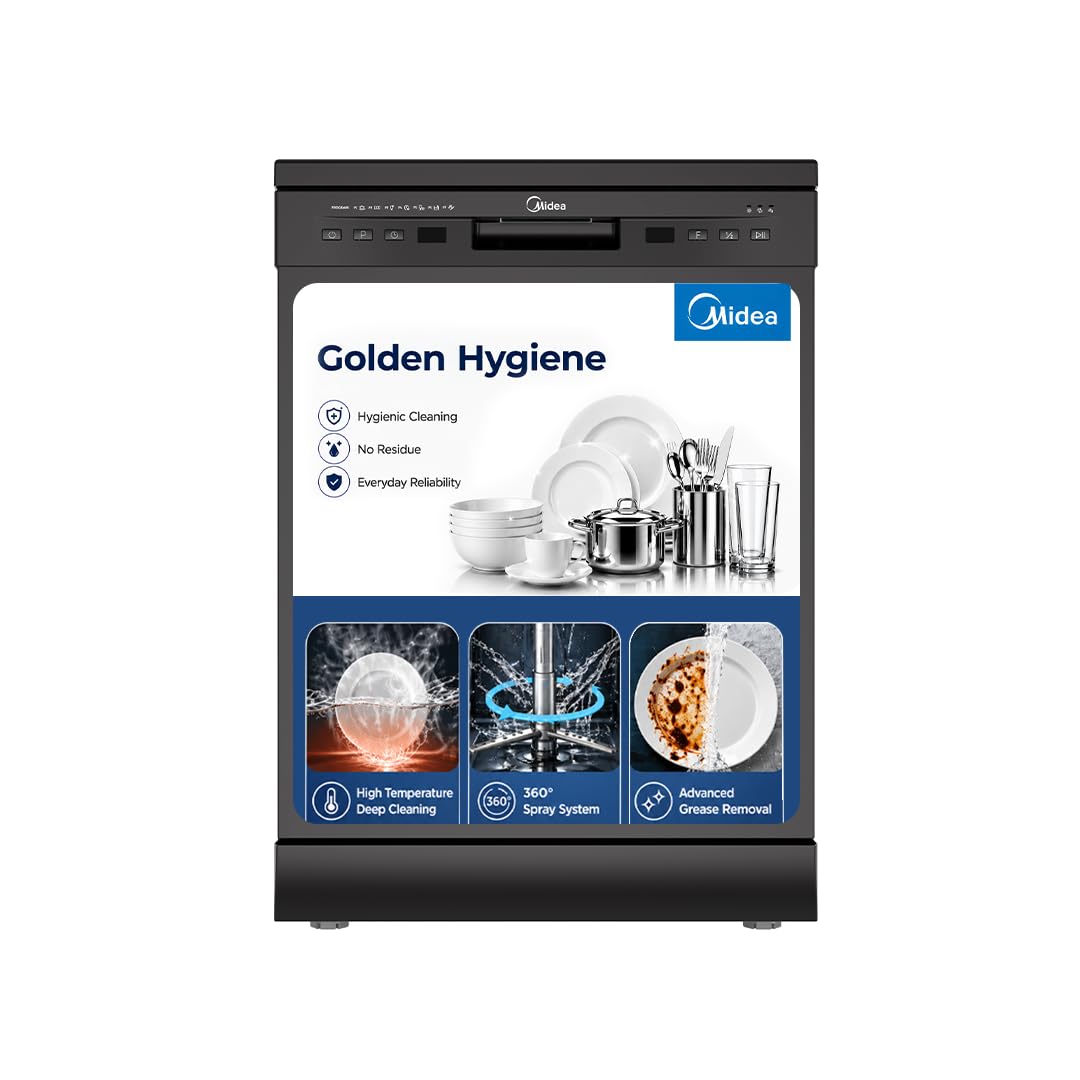 Midea 13 Place Setting Freestanding Dishwasher, 7 Wash Programs, Intensive 70°C, Glass Care Mode (MDWPF1301F(B) IN, ECO & Rapid Wash, Fully Automatic, Suitable for Indian Kitchen)