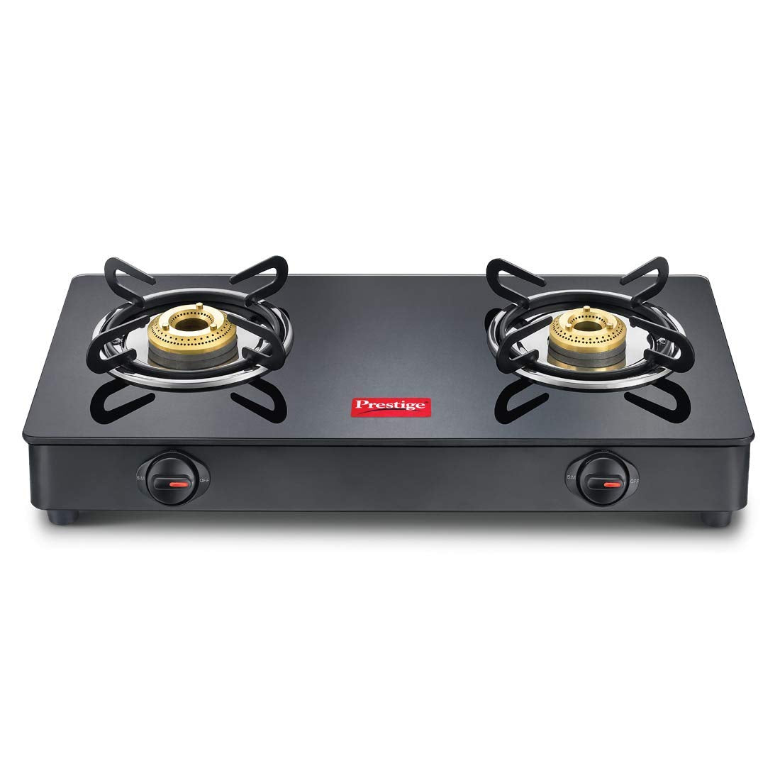 Prestige IRIS Toughened Glass-Top 2 Brass Burner LPG Gas Stove | Black | Spill Proof | Ergonomic Knobs | Tri-Pin...