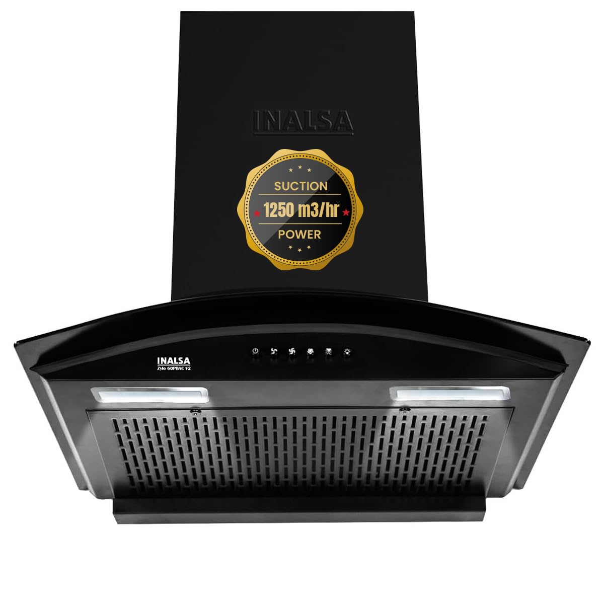 Inalsa Zylo 60PBAC Filterless 1250 m³/hr Curved Glass, Push Button Control 1250 CMH 60 cm Auto Clean Chimney (Wall Mounted, Black)