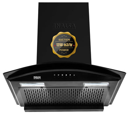 Inalsa Zylo 60PBAC Filterless 1250 m³/hr Curved Glass, Push Button Control 1250 CMH 60 cm Auto Clean Chimney (Wall Mounted, Black)