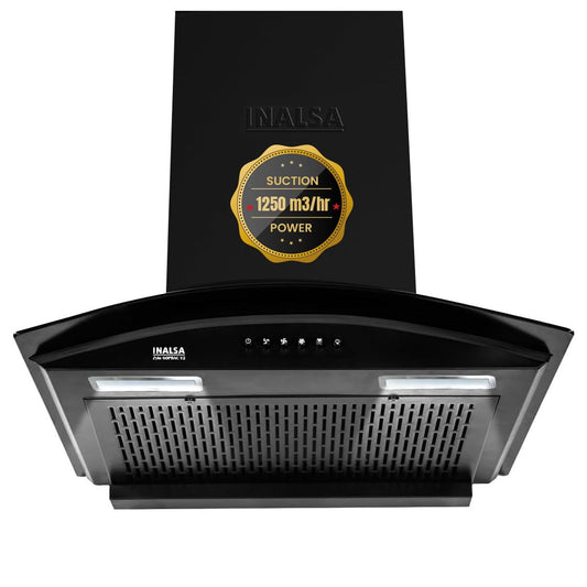 Inalsa Zylo 60PBAC Filterless 1250 m³/hr Curved Glass, Push Button Control 1250 CMH 60 cm Auto Clean Chimney (Wall Mounted, Black)