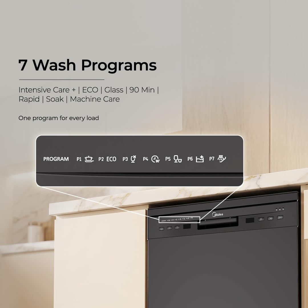 Midea 13 Place Setting Freestanding Dishwasher, 7 Wash Programs, Intensive 70°C, Glass Care Mode (MDWPF1301F(B) IN, ECO & Rapid Wash, Fully Automatic, Suitable for Indian Kitchen)