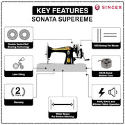 Singer Black Sewing Machine Sonata Supreme Unit Pack with Free Body Cover | Smoothest Fly Wheel | Double Sealed Ball Bearings Technology-First Time in World