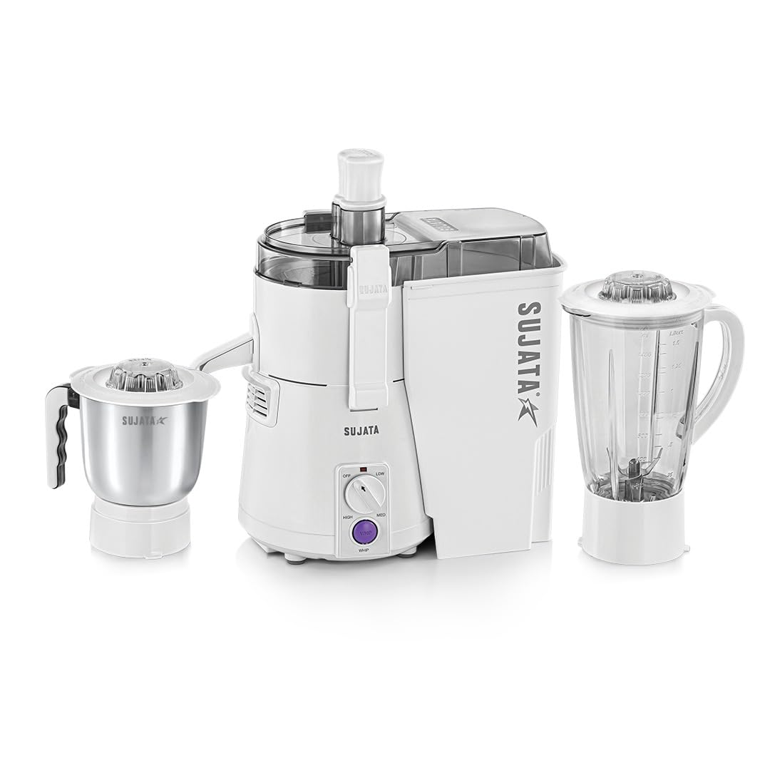 Sujata Powermatic Plus Juicer Mixer Grinder|900 Watts Double Ball Bearing Motor|22000 RPM|Non-Stop 90 Mins Running|2 Jars including 1750ml Blender, 1000ml Grinder Jar| (White)