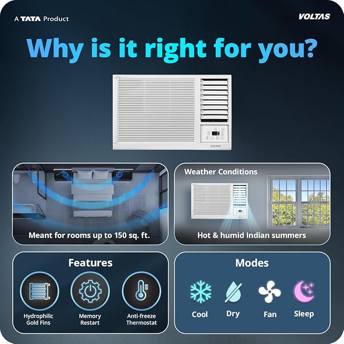 Voltas 2026 Model 1 Ton 2 Star Window Fixed Speed AC (122FS PLATINA(4011571), White)