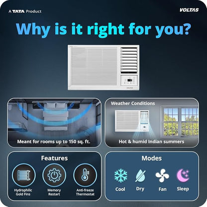 Voltas 2026 Model 1 Ton 2 Star Window Fixed Speed AC (122FS PLATINA(4011571), White)