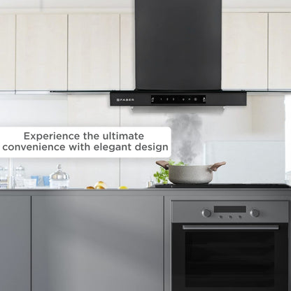 Faber HOOD MERCURY PRO IN HC SC BK BF 90 1200 CMH 90 cm T-Shape 90cm| Touch & Gesture Control| Autoclean| Filterless| Powerful suction | Low Noise Auto Clean Chimney (Wall Mounted, Black)