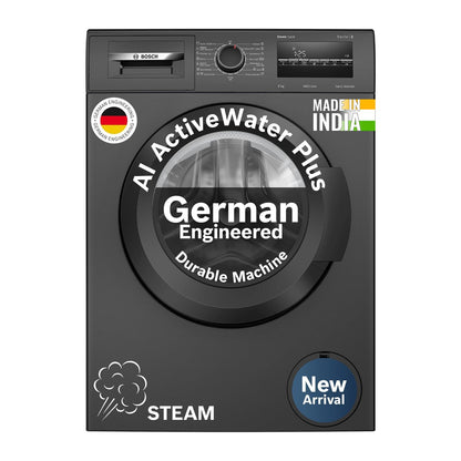 Bosch 8 kg 5 Star Front Load Fully-Automatic Washing Machine, AI ActiveWater,15 Wash Programs, Removes 99.9% Germs with Steam, No Tangle or Wrinkle, Zero Vibration, Black/Grey, WAJ2826CIN