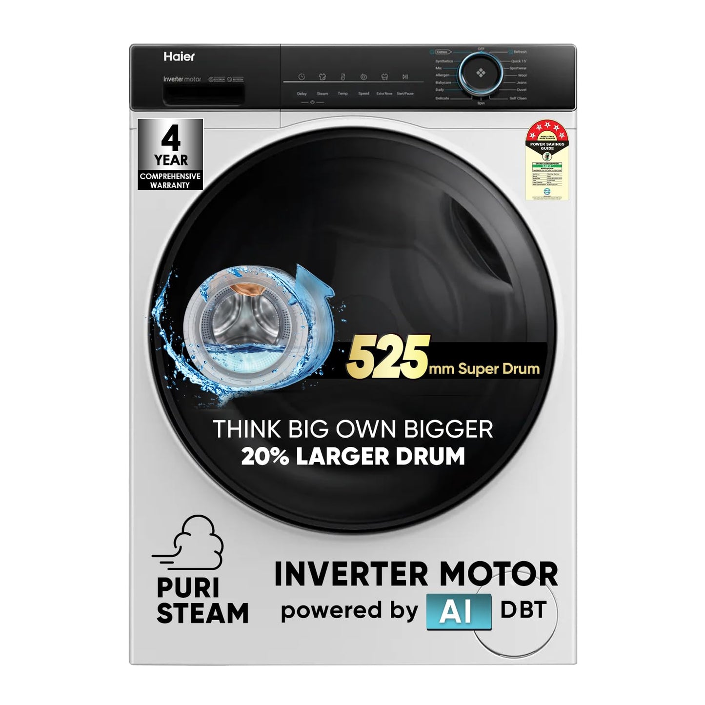 Haier 8 kg 5 Star with Powered by AI-DBT, PuriSteam, 525 mm Super Drum, Inverter Motor, Inbuilt Heater, Washer Fully Automatic Front Load Black, White (HW80-IM12929C)