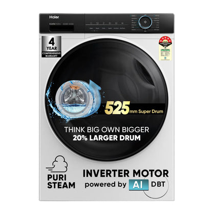 Haier 8 kg 5 Star with Powered by AI-DBT, PuriSteam, 525 mm Super Drum, Inverter Motor, Inbuilt Heater, Washer Fully Automatic Front Load Black, White (HW80-IM12929C)