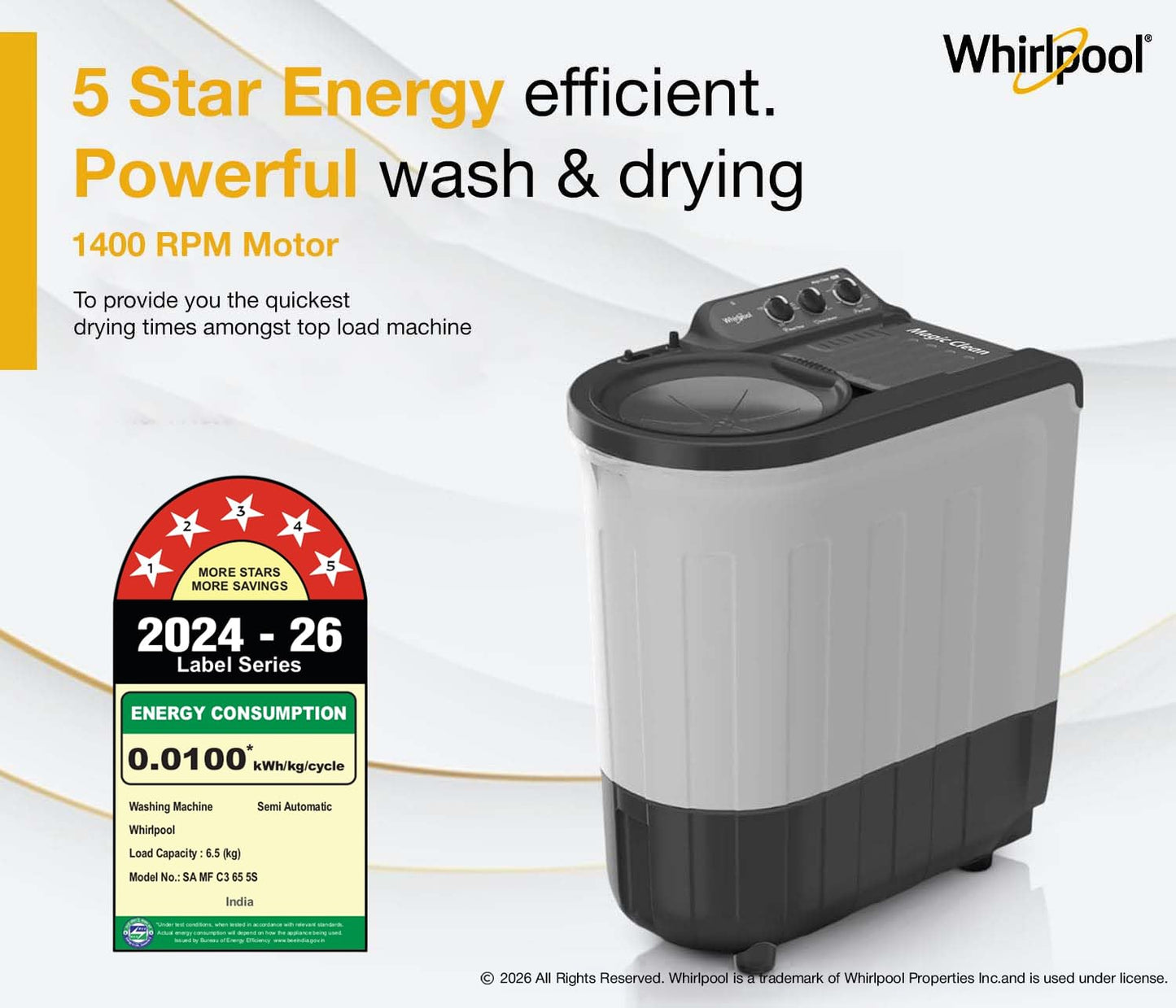 Whirlpool 6.5 Kg 5 Star Magic Clean Semi-Automatic Top Loading Washing Machine (MAGIC CLEAN 6.5 GREY, 4 Year Comprehensive Warranty, 1400 RPM Motor, 5 Year Motor Warranty)