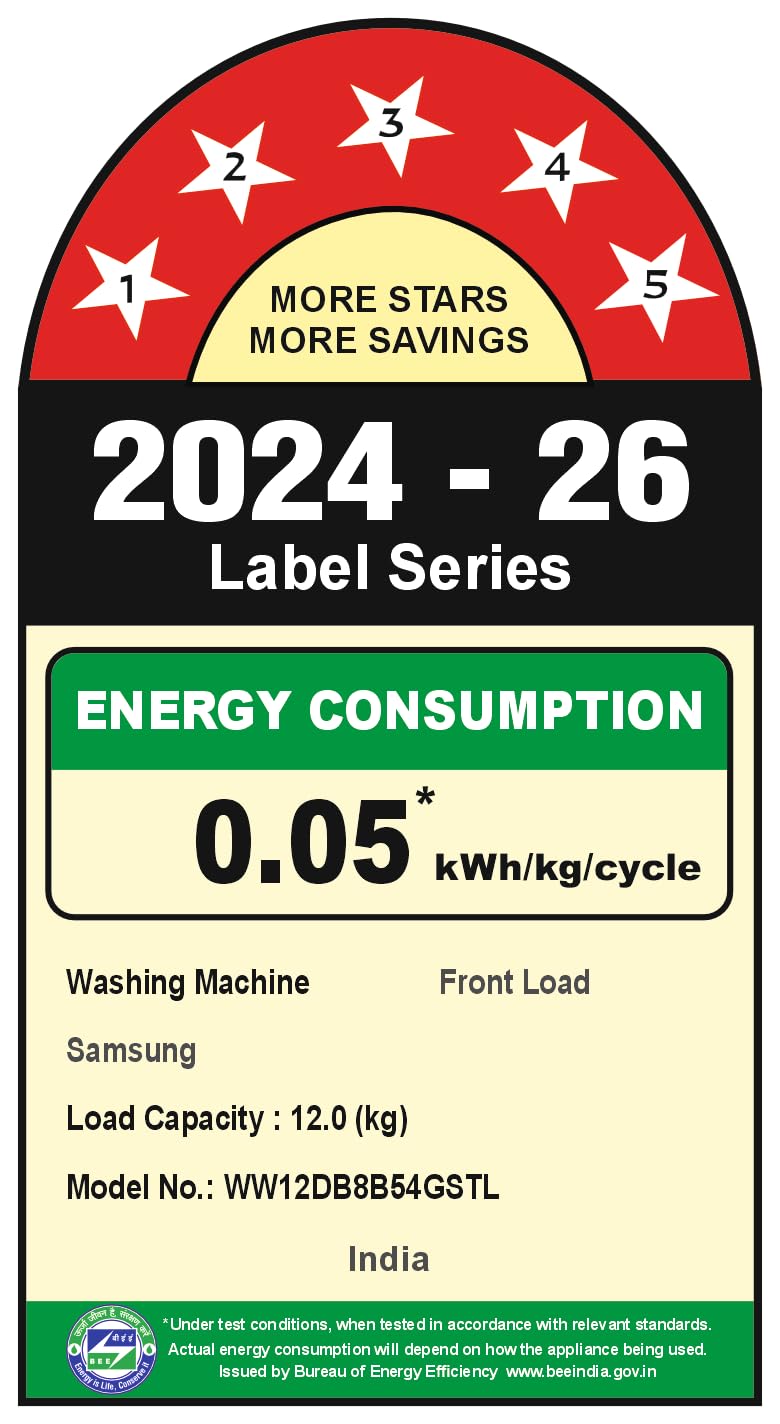 Samsung 12 kg, 5 Star, AI Control, Super Speed, Wi-Fi, Hygiene Steam with Inbuilt Heater, Digital Inverter, Fully-Automatic Front Load Washing Machine (WW12DB8B54GSTL, Navy)
